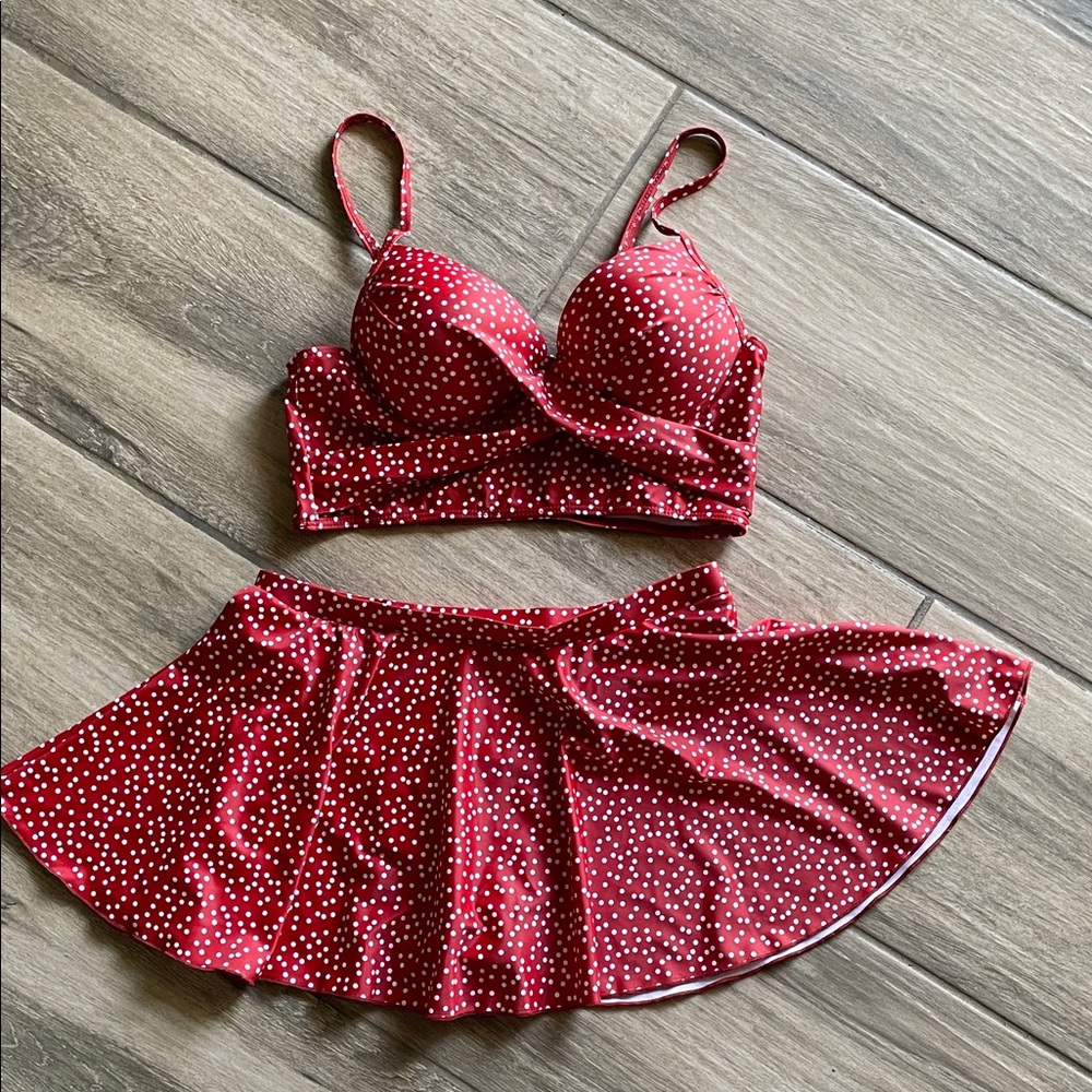 SHEIN Red with White Dots Bikini Top and Skort Bottoms